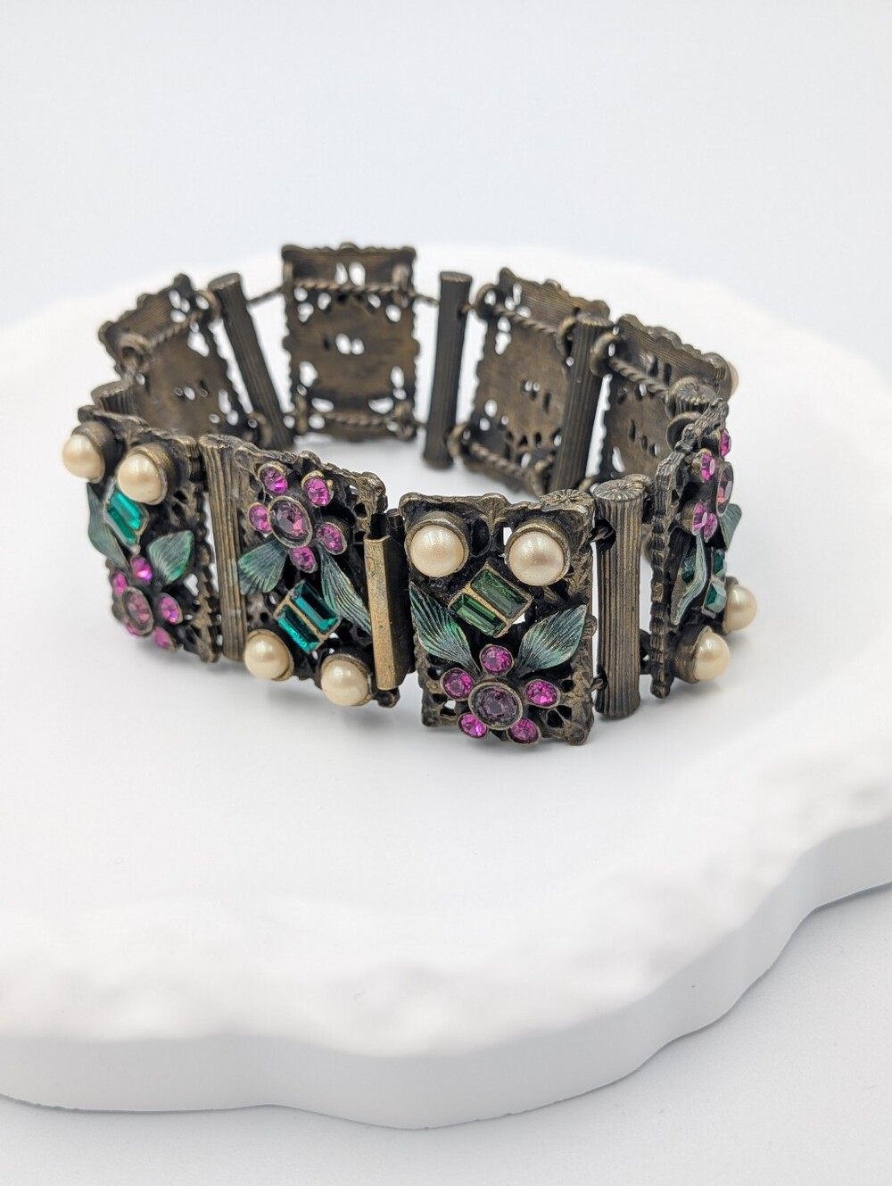 Vintage RARE Banana Bob rhinestone and faux pearl panel slide bracelet READ